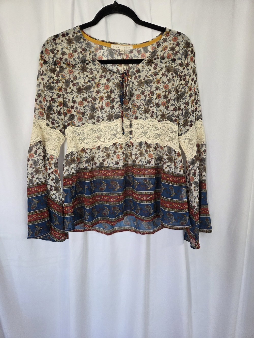 Hint Of Mint Lace-Trim Boho Peasant Blouse - Blue/Cream Sheer Top Size M